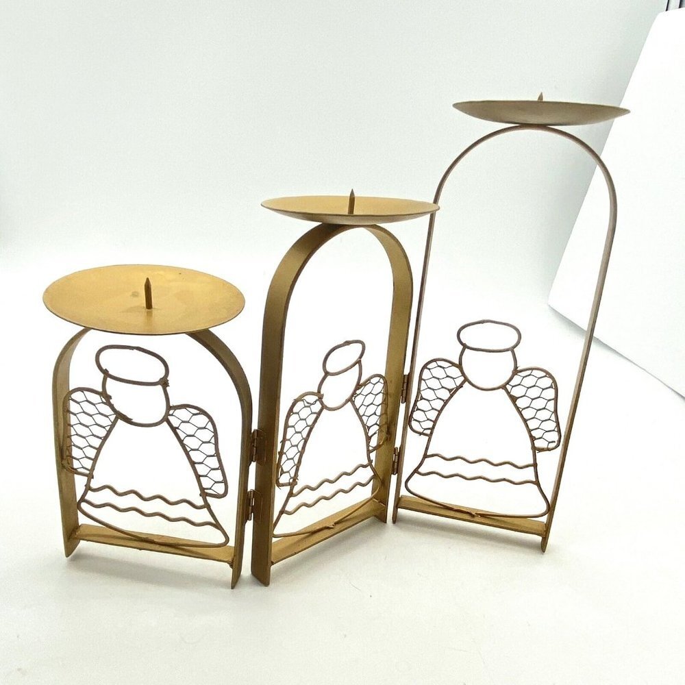 VTG Y2K Christmas Angel Metal Folding 3 Tier Candle Holder Gold Wire Wings Decor